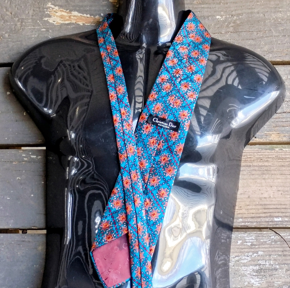 Christian Dior Silk Men's Vibrant Teal Orange Patterned Tie Vintage